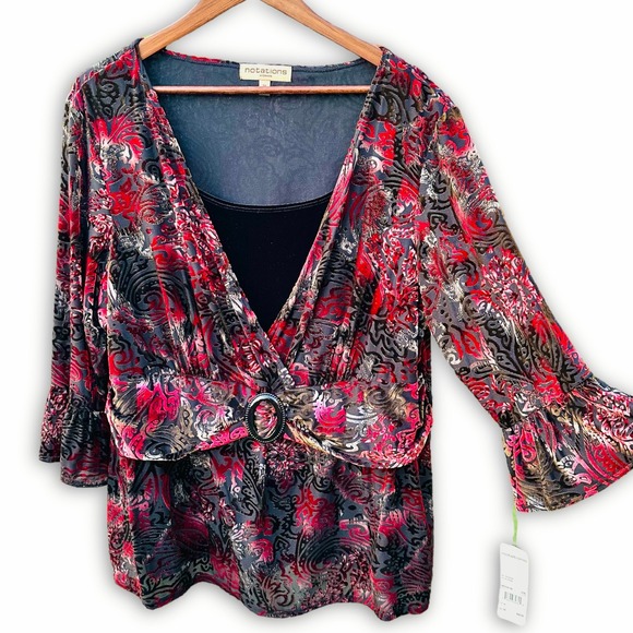 NEW Notations Sz 3X Velvet Burnout Top Paisley Bell Sleeve Built-In Faux Cami - Picture 1 of 10